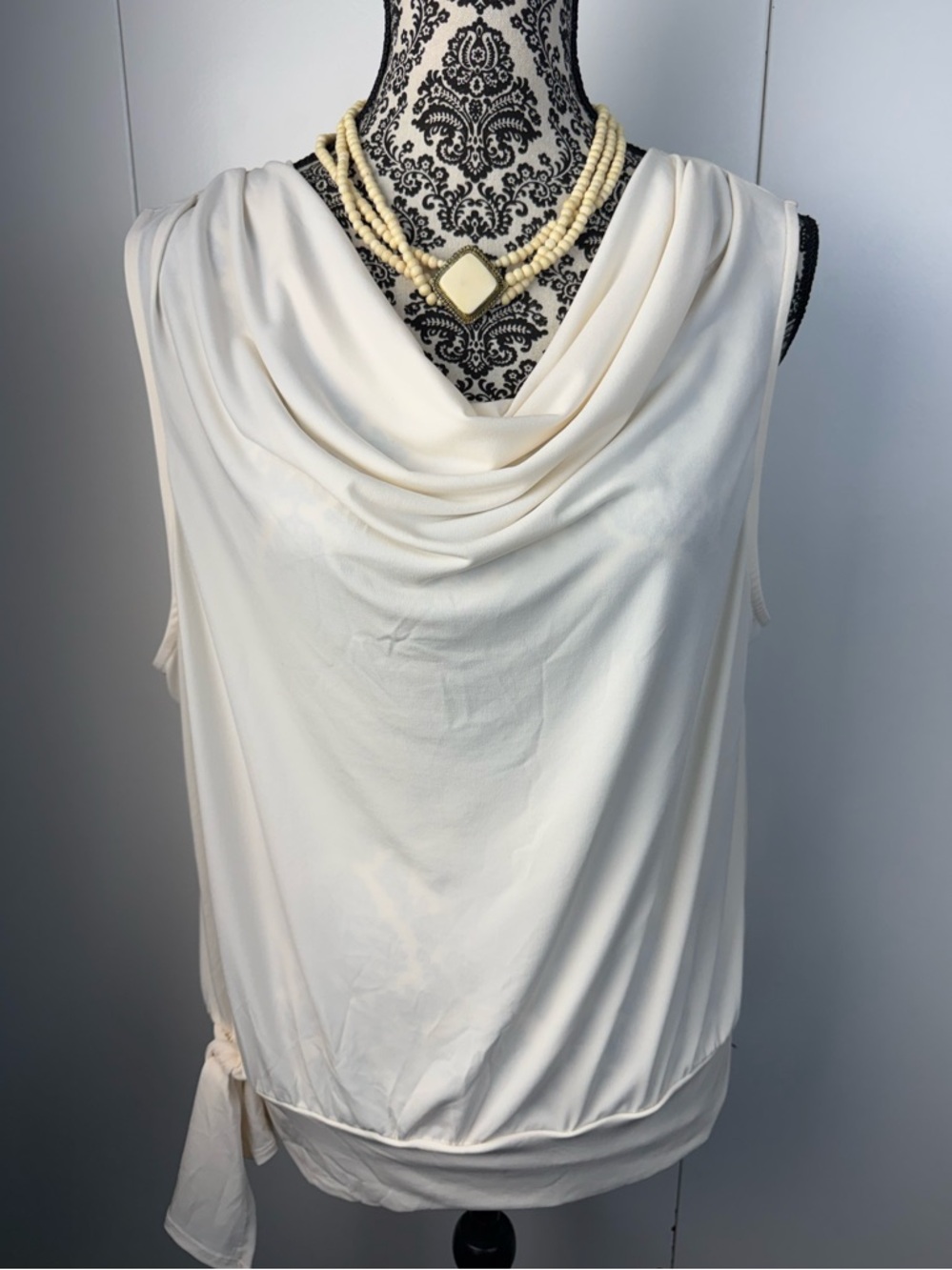 Cream Draped Cowl Neck Sleeveless Blouse